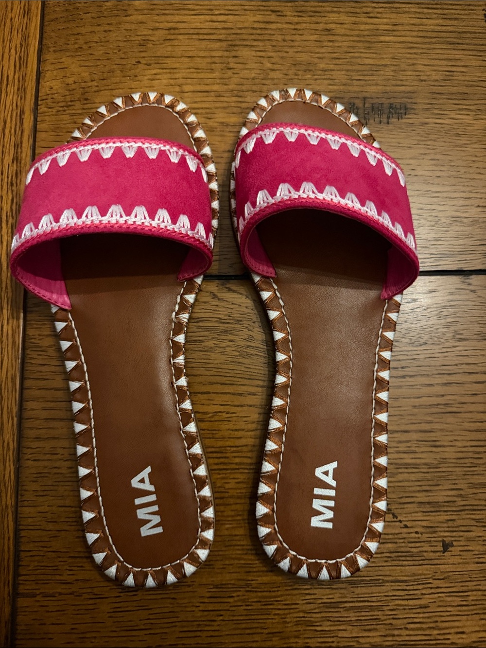 MIA Hot Pink Slide Sandals with White Stitch Trim